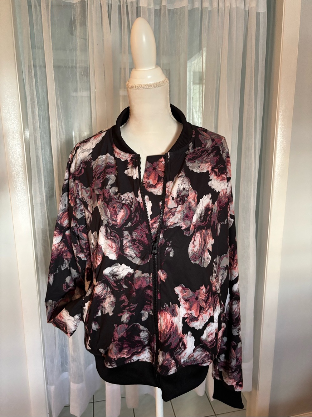 Victoria's Secret Black Floral Bomber Jacket with Pink Accents